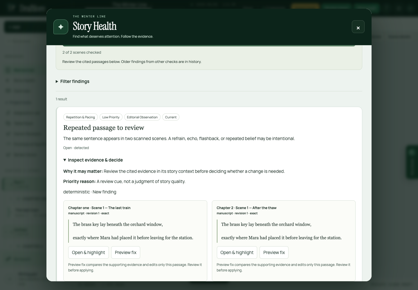 Story Health showing a repeated passage, two source excerpts, and Open and highlight and Preview fix actions