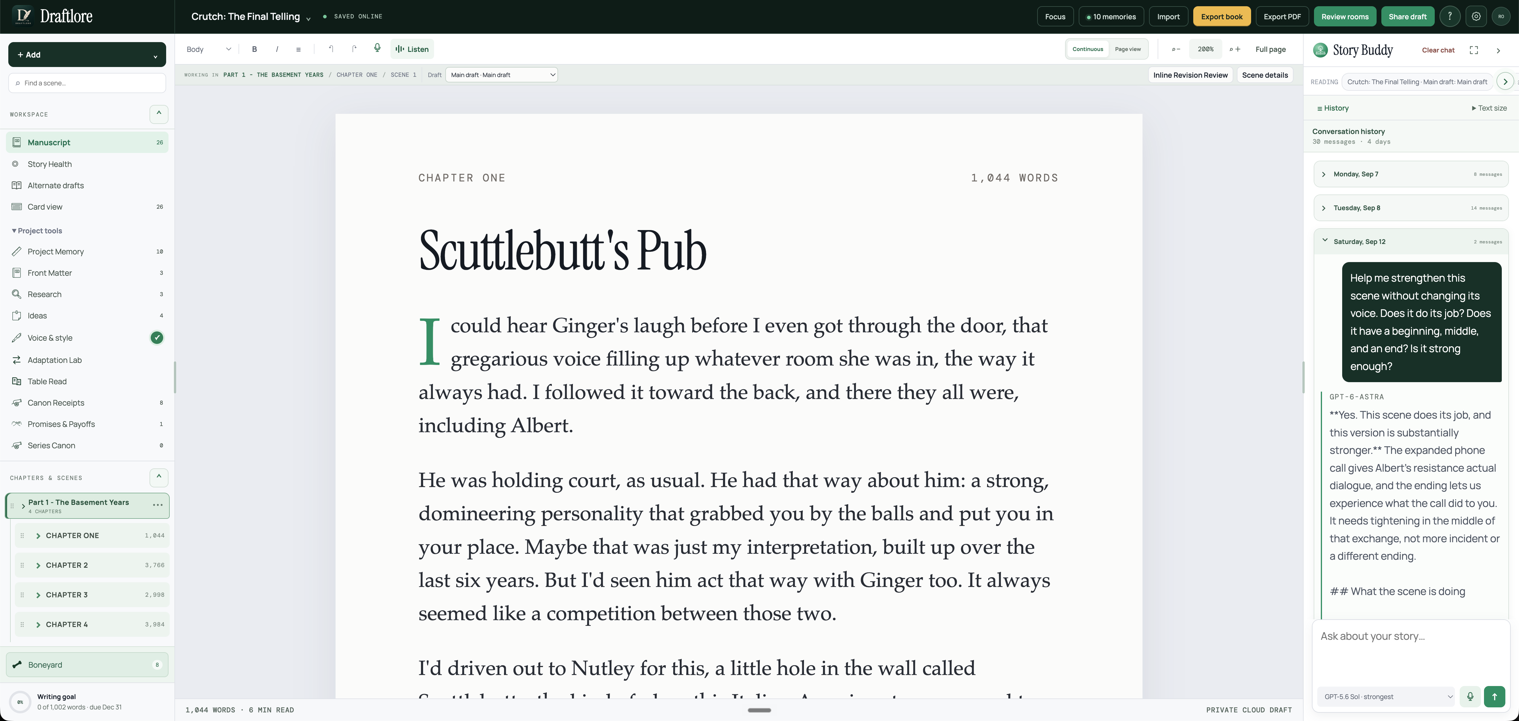 Current Draftlore workspace showing the manuscript, Story Buddy, Story Health, alternate drafts, Adaptation Lab, Canon Receipts, Promises & Payoffs, and Series Canon